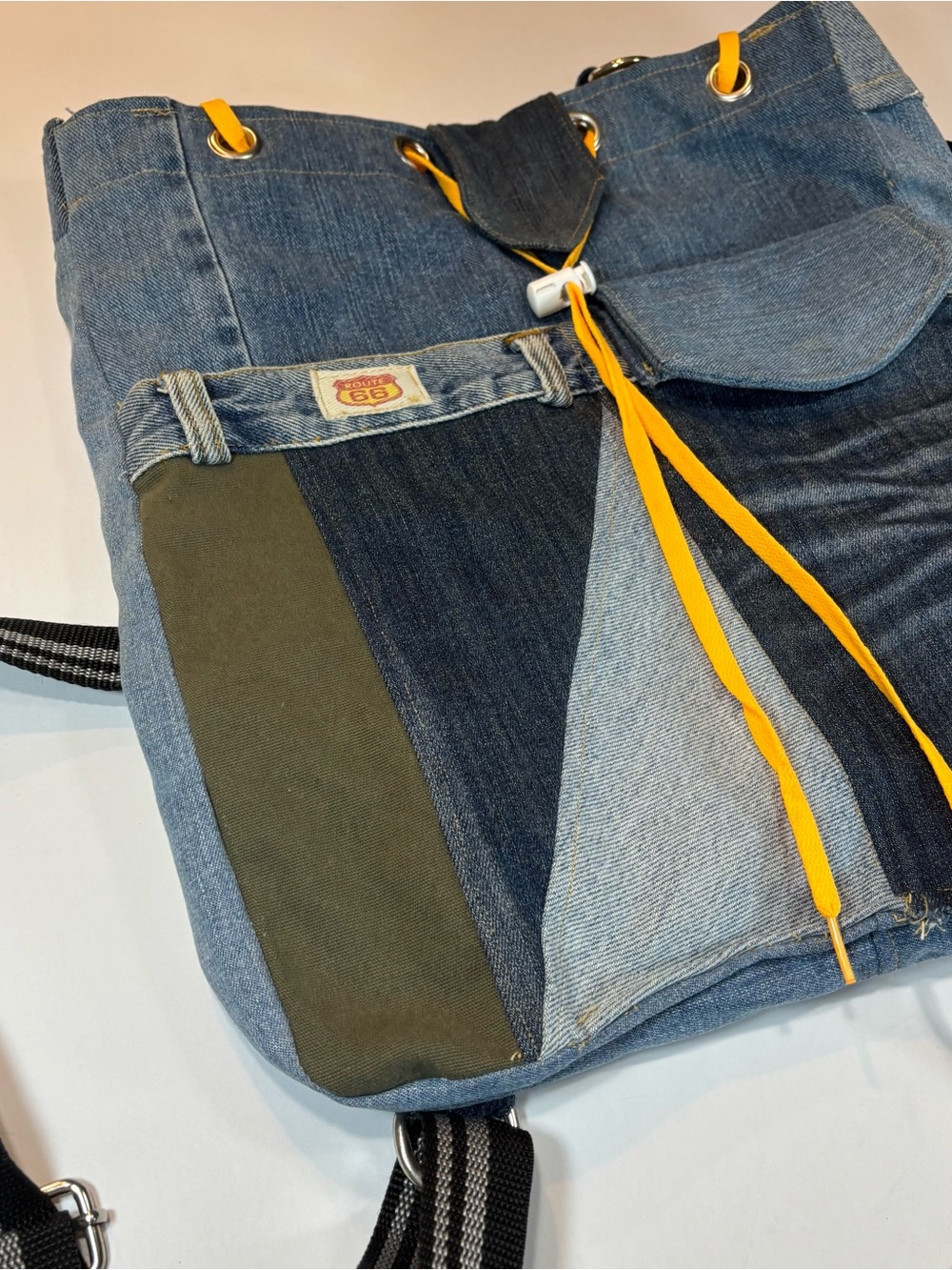 90’s Route 66 Jeans Purse Tote Bag Lined Handmade Denim Pockets Patchwork - Picture 4 of 12